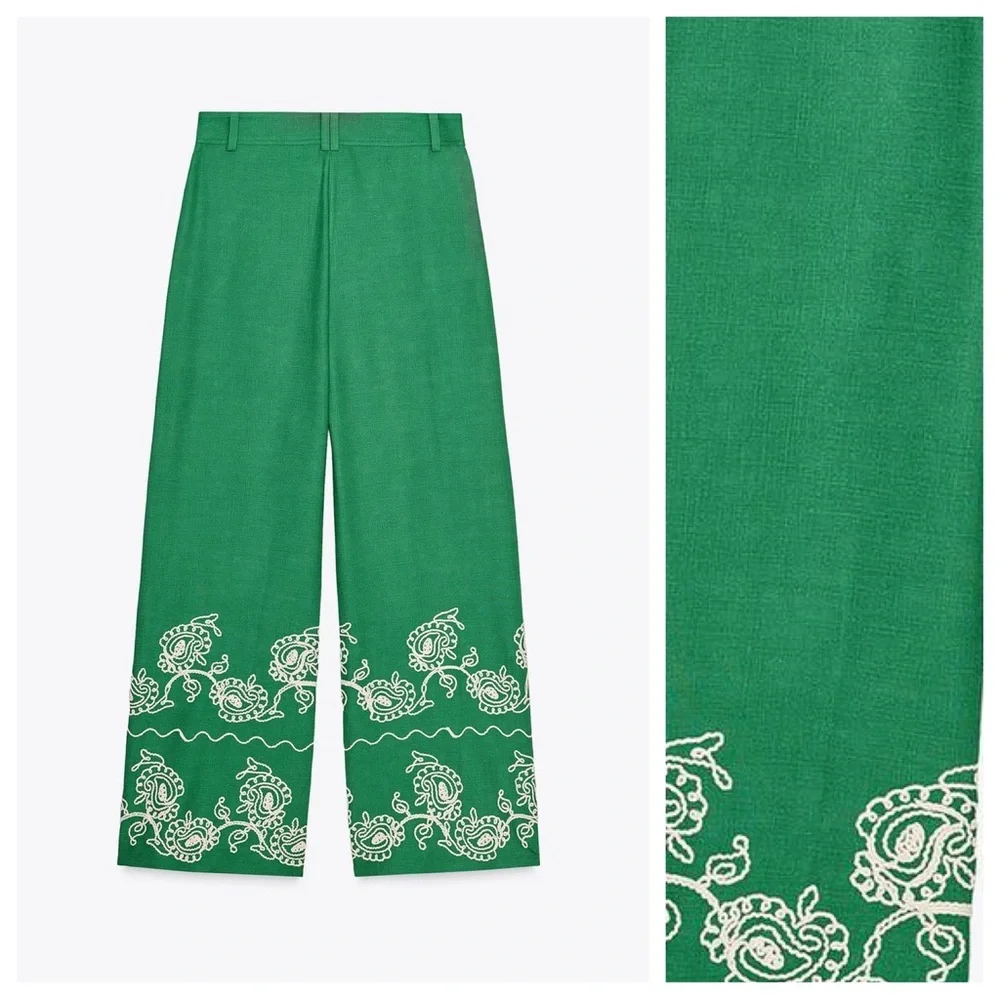 NWT. Zara Green Viscose/Linen Blend Embroidered Trousers. Size M.